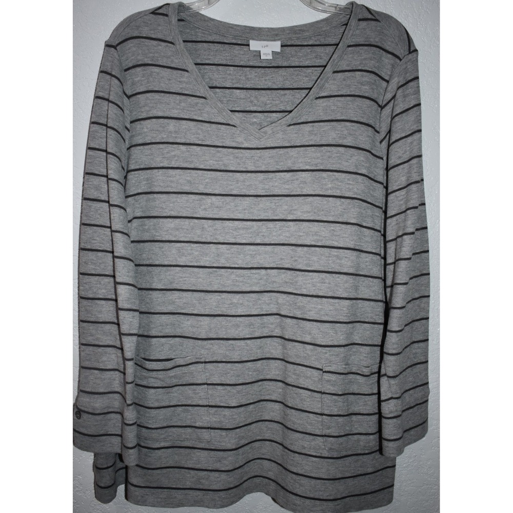 J. Jill Womens XL Gray Striped V-Neck Tunic Top Long Sleeve Patch Pockets